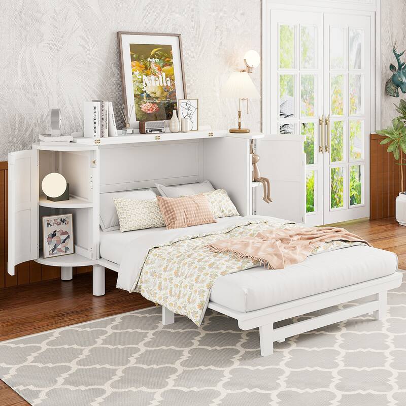 Modern Woven Design Murphy Bed with Hidden Storage - White - Full