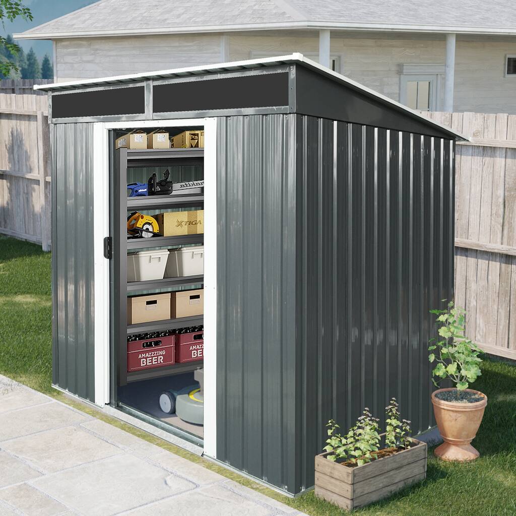 6ft x 5ft Outdoor Metal Storage shed with Lockable Sliding Doors and Transparent plate for Garden, Lawn