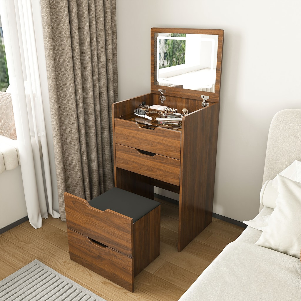 Anmytek Compact Vanity Desk with Flip-Top LED Mirror & Stool Walnut Finish 4-Drawer Nightstand