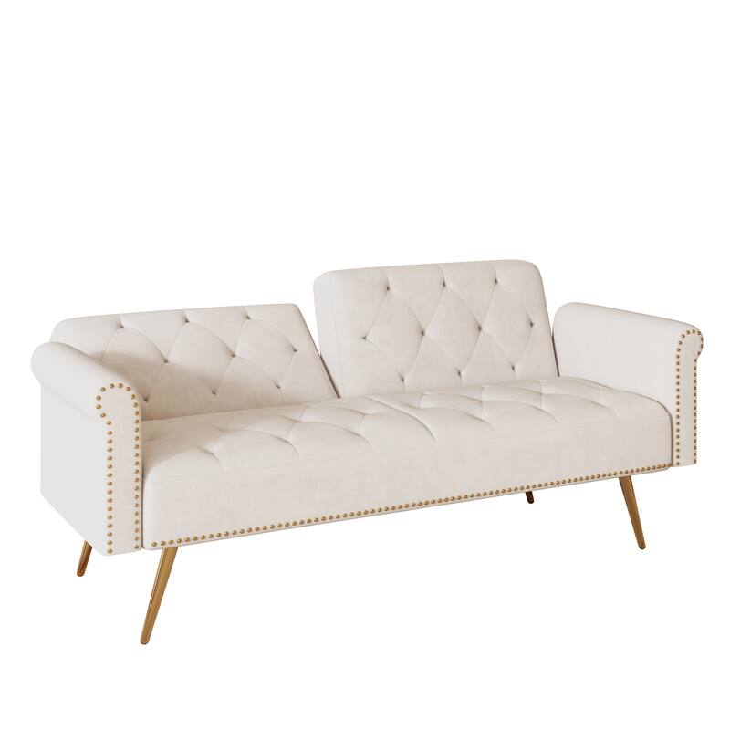 69.7-inch Beige Velvet Sofa Bed with Nail Head Trim and Throw Pillow