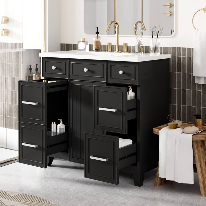 36 Inch Bathroom Vanity with Sink Combo Solid Wood Cabinet 3 Drawers - Black - WithSink