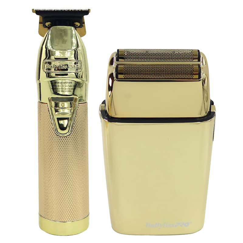 BaByliss Pro GOLDFX+ Lithium Outlining Trimmer Gold FX787NG + Babyliss Pro Foil FX02 FXFS2G Cord / Cordless Double Foil Shaver - Gold