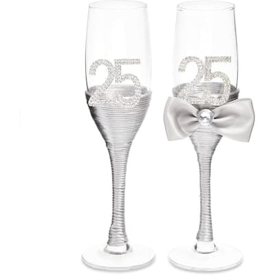 2pcs Silver 25th Anniversary Champagne Flutes Glasses for Party Celebration Gift - 8.5"