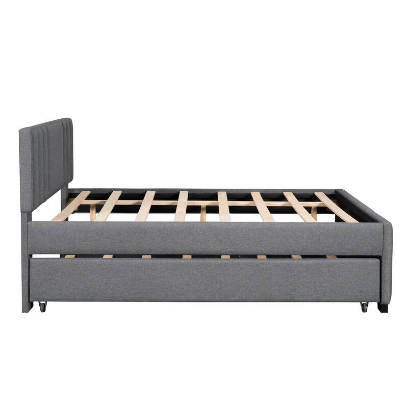 Wooden Bed Frame, Full Size Low-Profile Platform Bed with Pull-Out Trundle Bed, Upholstered Headboard and Footboard