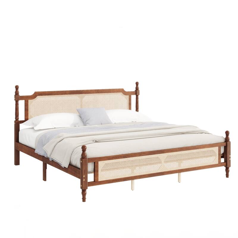 King Pine wooden Bed with Rattan Headboard and Footboard, with Central Enhanced Bed Platform