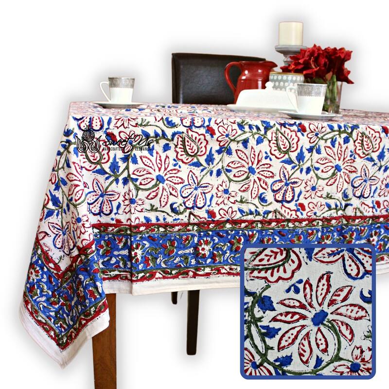 Ashlyn Handmade Cotton Floral Square Tablecloth Blue Red Green - 70 x 70 in - Venetia Ink Blue