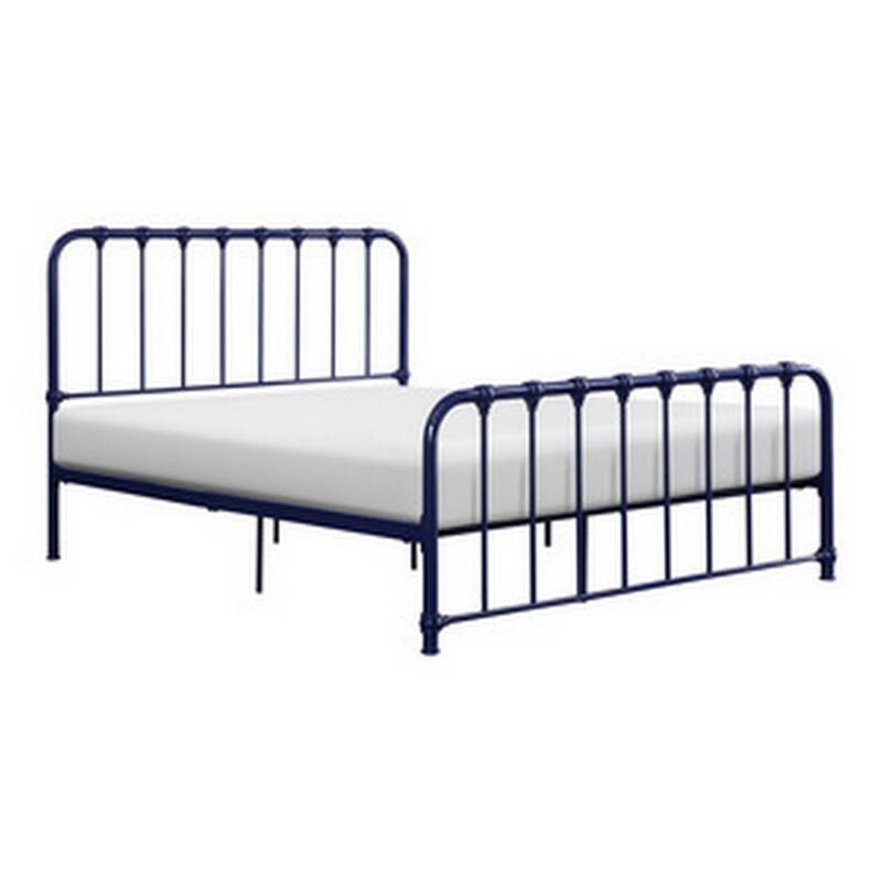 Ethan Queen Size Bed, Classic Open Slatted Metal Frame Design, Blue