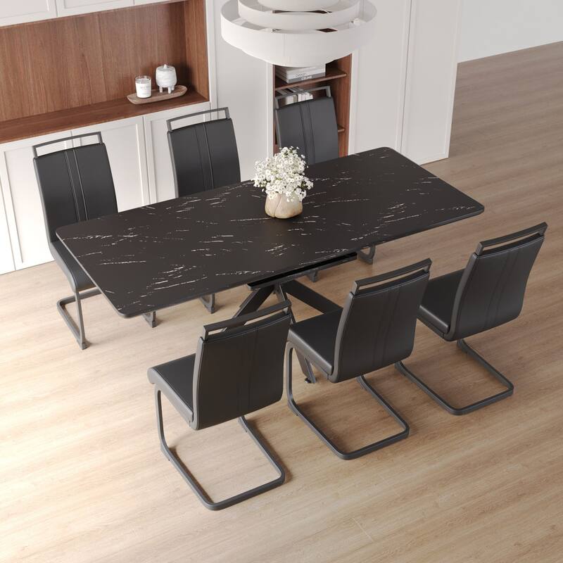 Extendable Dining Table with X-Shaped Metal Legs, Exquisite Table and Chair Set with Upholstered Dining Chairs