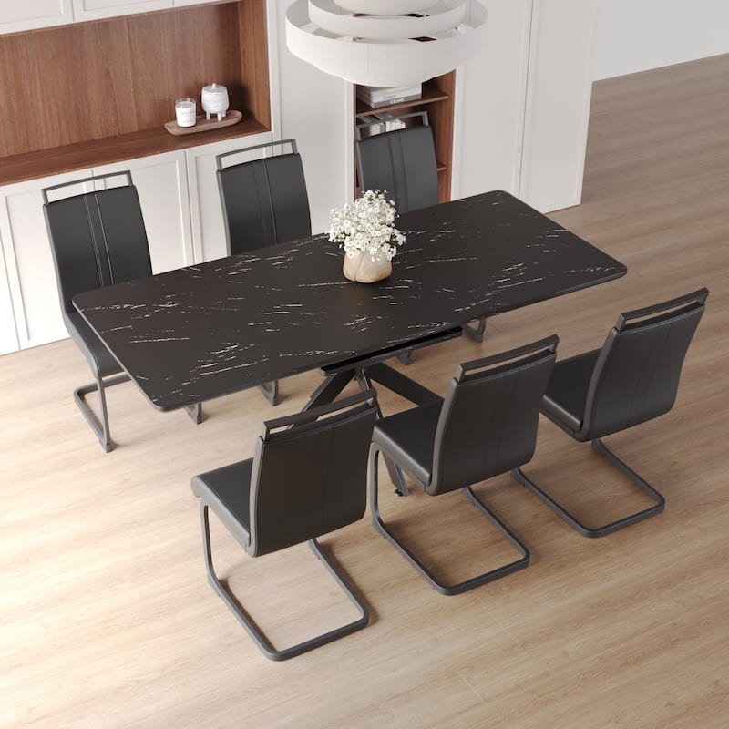 Modern Dining Set with Rectangular Extendable Table & High Back C-shaped Tube Armless Chairs