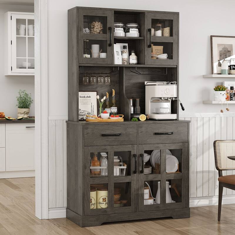 Modern Kitchen Pantry Cabinet with Power Outlet, Microwave Stand, Wine Glass Holder for Dining Room & Home Bar