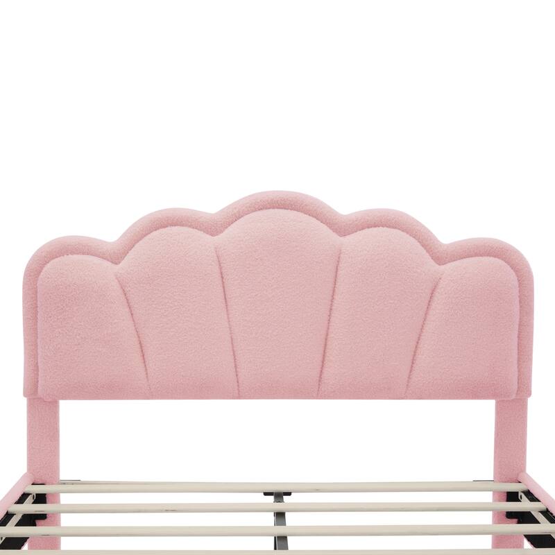 Sherpa Upholstered Flower-Shape Bed, Twin/Full Size, Adjustable LED Light Headboard, Modern Platform Bed with Wooden Slats