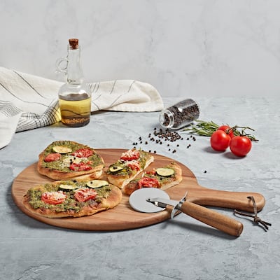 Tabletops Gallery Acacia Wood Round Pizza Board & Cutter