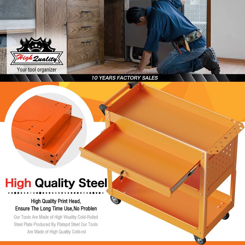 3-Tier Rolling Tool Cart on Wheels for Mechanics with Utility Drawer