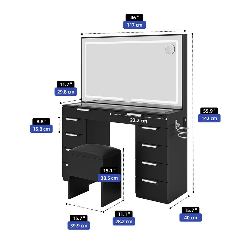 Moasis White 10-Drawer Cosmetic Vanity Desk Set with Glass Tabletop Makeup Vanity with LED Strip