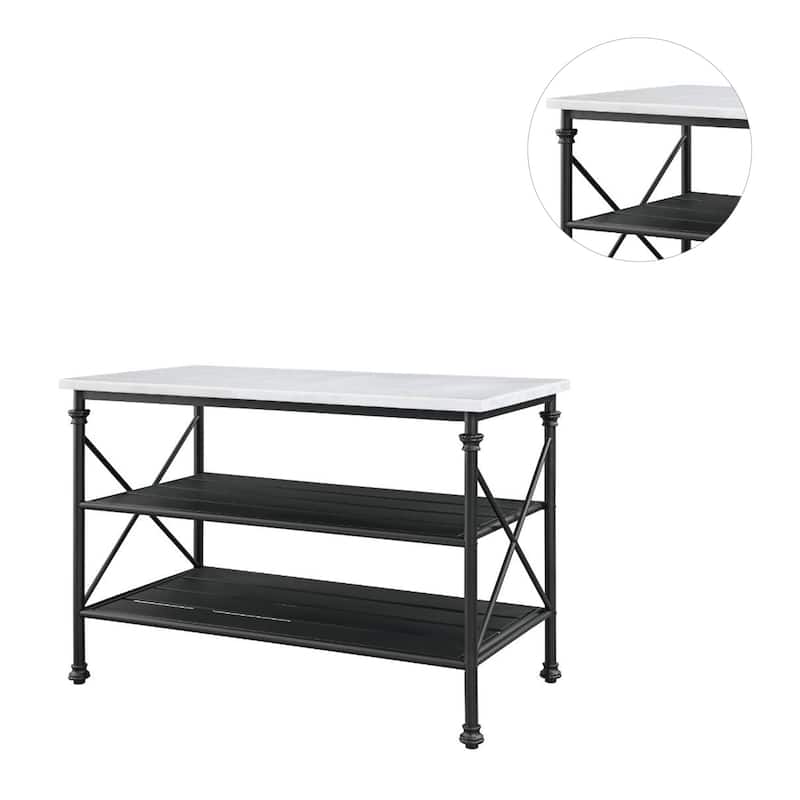 2 Open Shelves Kitchen Island with Marble Top in White and Gray