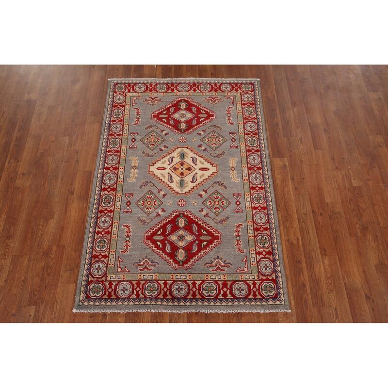 Geometric Kazak Oriental Accent Rug Handmade Entryway Wool Carpet - 3'3" x 4'11"