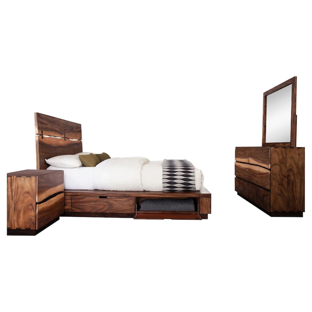 Zeko 4pc Queen Bedroom Set with Storage, Live Edge Smoky Walnut Brown