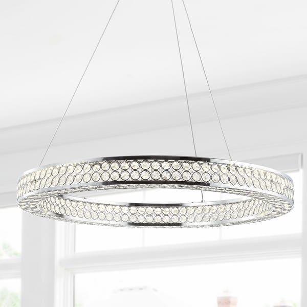 slide 2 of 12, Bradley 24.7" Round Integrated LED Crystal/Metal Pendant, Chrome/Clear by JONATHAN Y Silver