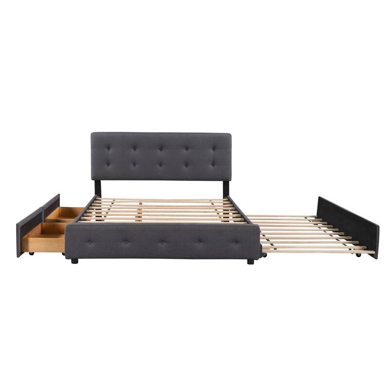 Queen Size Upholstered Platform Bed with 2 Drawers & Twin XL Trundle