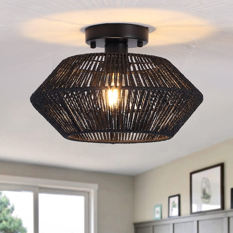 1-Light Farmhouse Style Classic Semi Flush Mount Chandelier, Hand-Woven Semi-Flush Mount Ceiling Light with Drum Shade