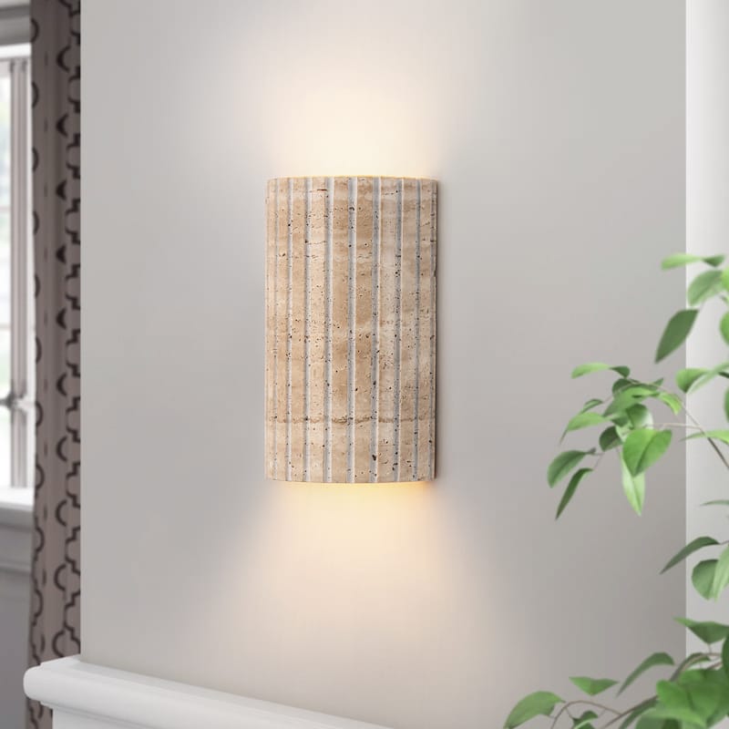 Travertine Dimmable LED Wall Sconce with Vertical Grooved Design - Natural Travertine