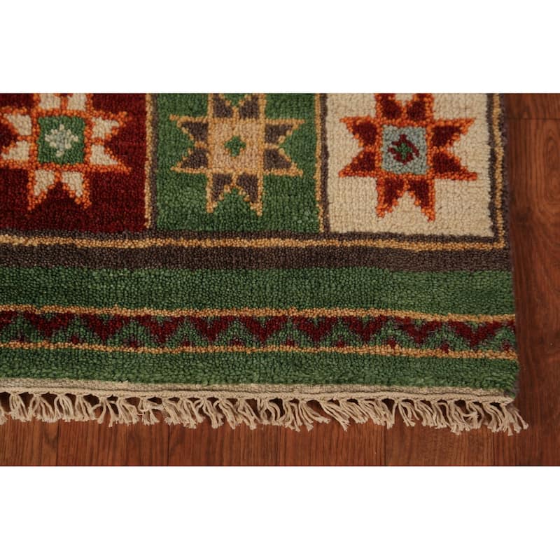 Tribal Green Kazak Indian Runner Rug Hand-Knotted Wool Carpet - 3'11"x 9'10"