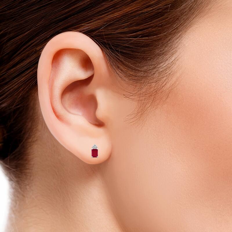 Marquee 14K White Gold 5x3MM Emerald Shaped Ruby and Diamond Earrings