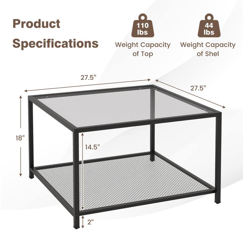 Costway Glass Coffee Table 27.5 Inch 2-Tier Square with Mesh Shelf - See Ddetails