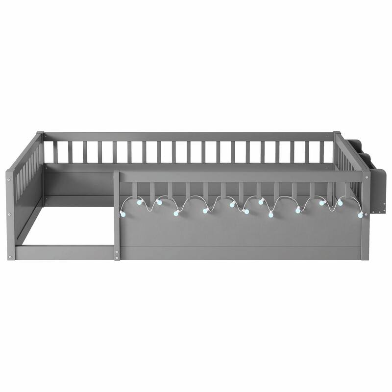 Floor Bed Frame with High Rails, Wooden Kids Floor Bed with Light and Storage Shelf