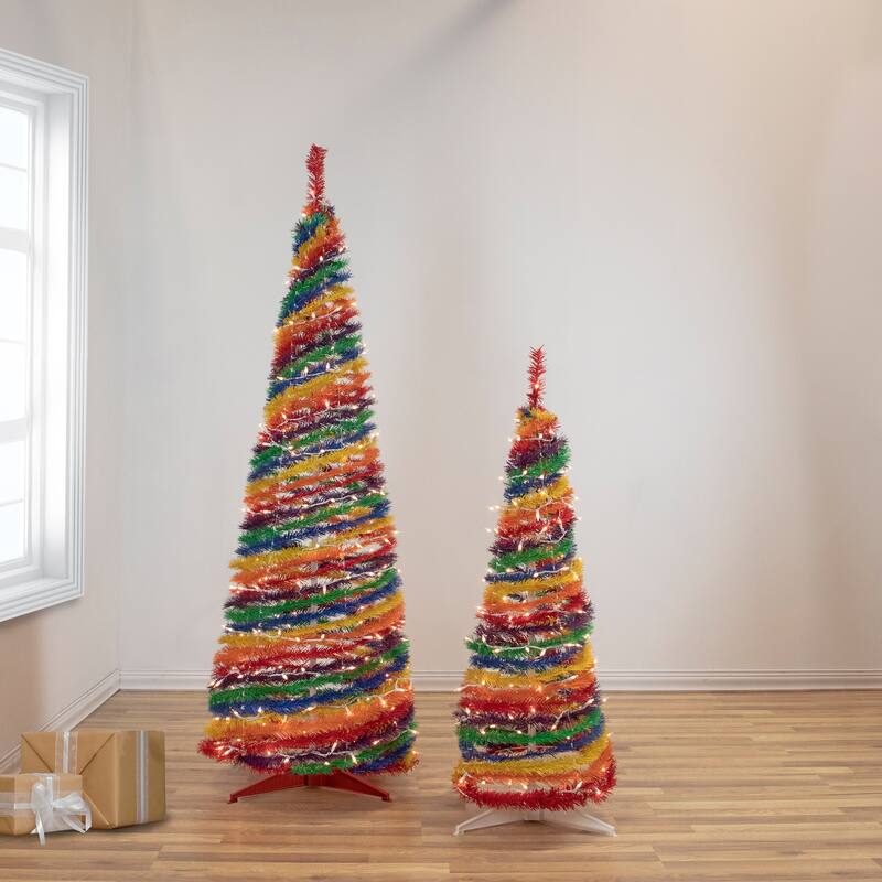 4' Rainbow Tinsel Pop-Up Artificial Christmas Tree, Clear Lights - 4 Foot