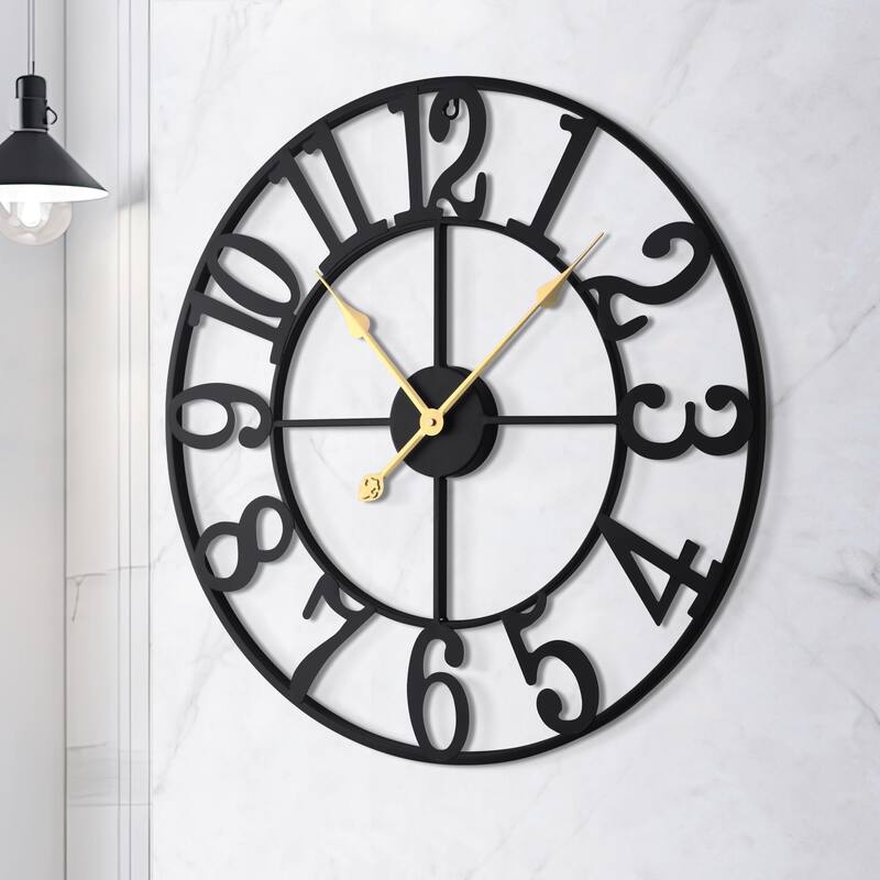 Large Wall Clock, Silent Non-Ticking, Battery Operated 24-Inch Metal Clock, Oversized, Decorative Retro Clock for Farmhouse