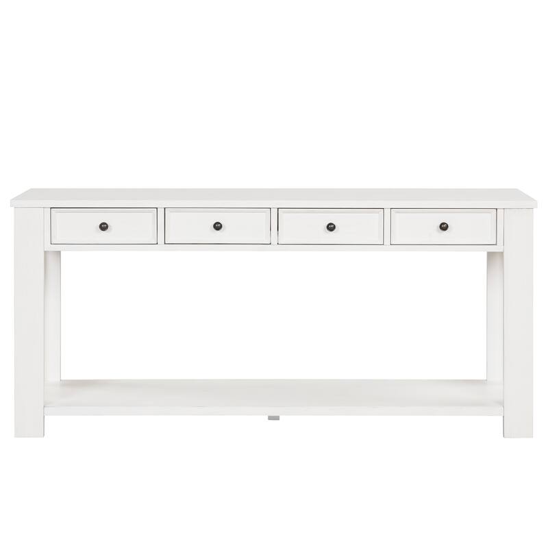 Pine Wood Console Table with 4 Drawers and Bottom Shelf for Entryway Hallway