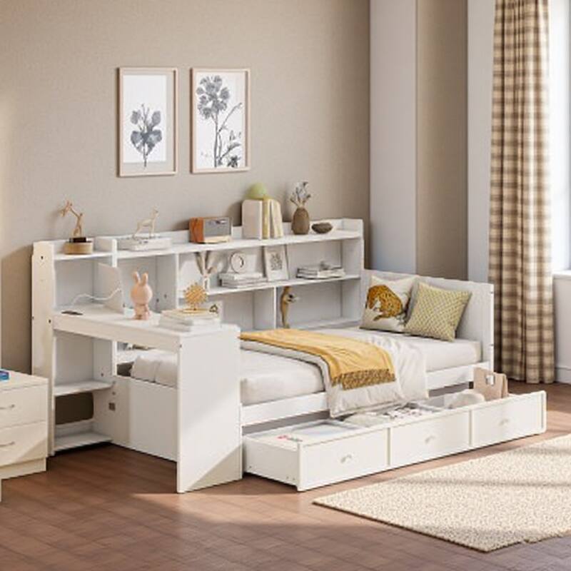 Twin Wood Daybed with Storage Drawers, Side Desk with USB Charging Ports, and Bookcase Compartments - White