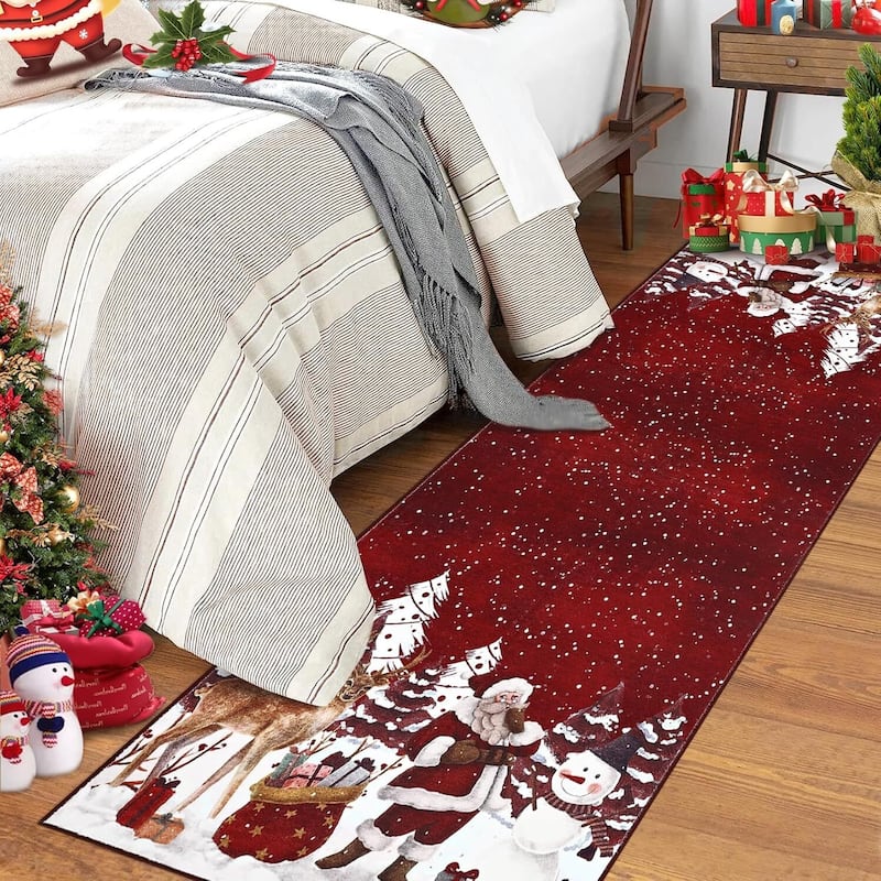 Soft Non-Slip Washable Christmas Santa Claus Aera Rugs, Xmas Holiday Decor, Red - 2*8ft