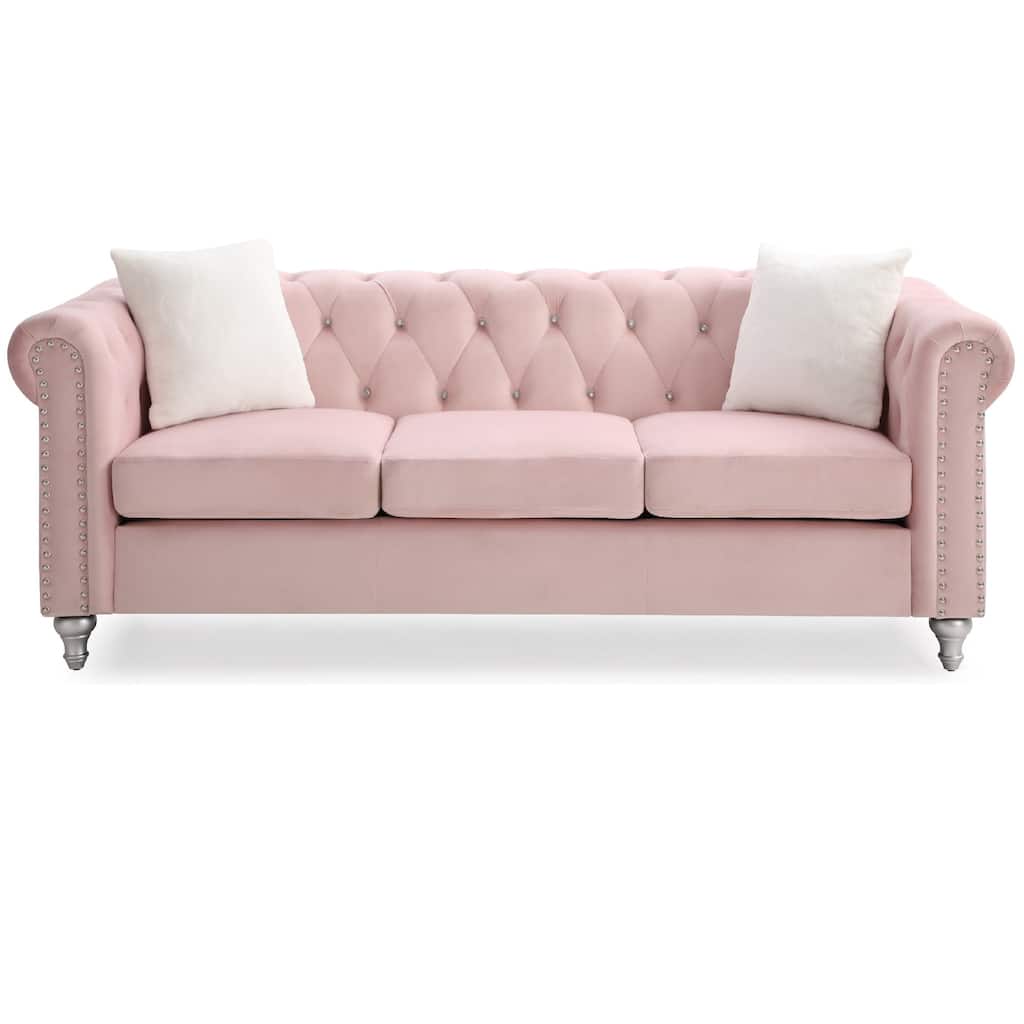 Tufted Faux Jewel Velvet 3-Seater Sofa with Throw Pillows - 83" - Pink
