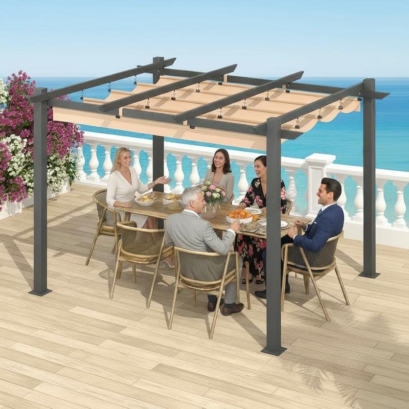 EROMMY 10' x 13' Outdoor Pergola with Retractable Canopy, Heavy-Duty Metal Frame and Adjustable Patio Shade Roof
