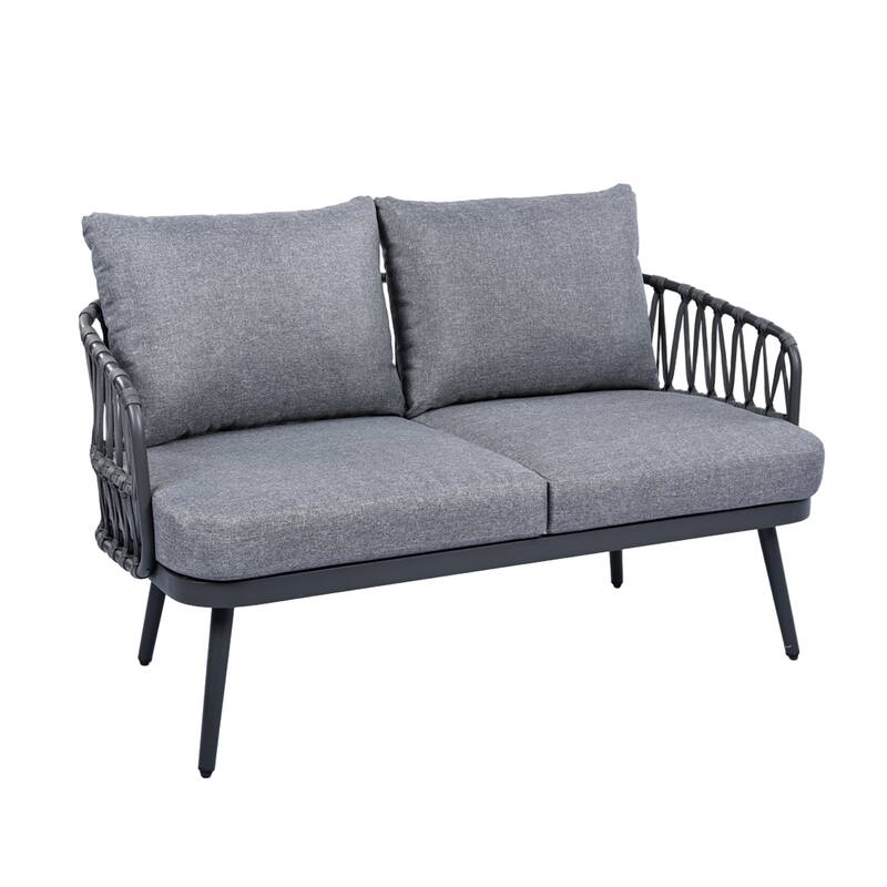 Modern 4-Piece Patio Conversation Set with Woven Rope Backrest, Acacia Coffee Table and Cushions, Outdoor Furniture