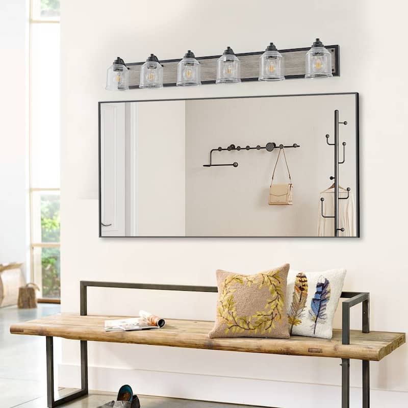 49" Farmhouse Vanity Light Fixture, 6-Light Bathroom Wall Sconce with Clear Seeded Glass Shades, Black and Wood Grain Finish