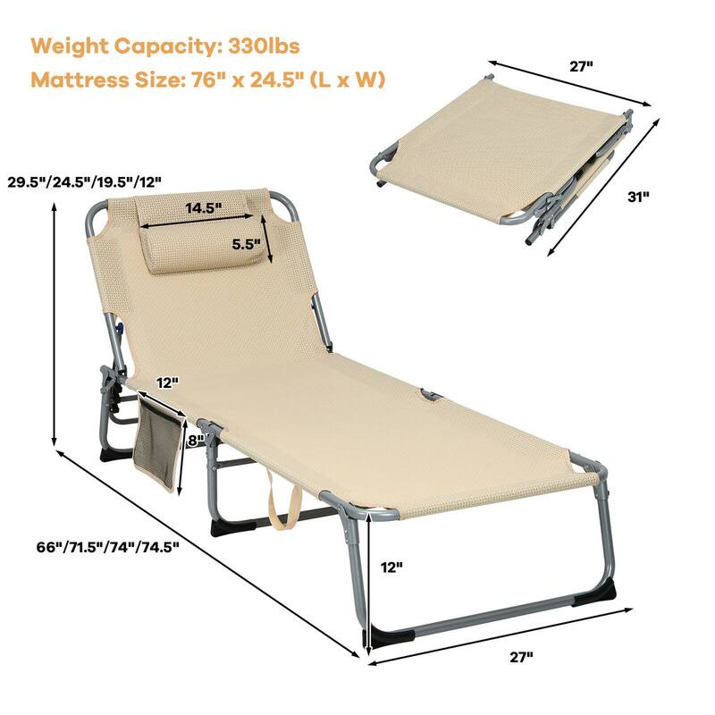 Gymax 4-Fold Oversize Padded Folding Chaise Lounge Chair Reclining