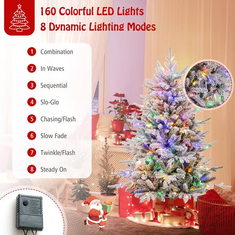 Gymax 4.5/6/7 FT Pre-Lit Artificial Christmas Tree Snow Flocked Full