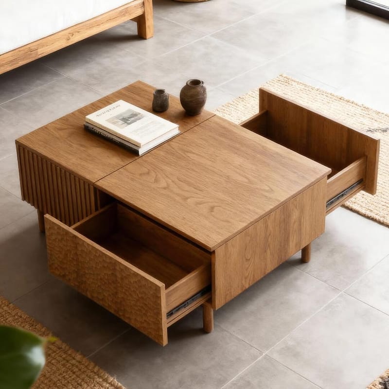 51.1" Satin Walnut Coffee Table with Storage Drawers for Living Room & Home Office - 51.1"Wx27.5"Dx18.9"H