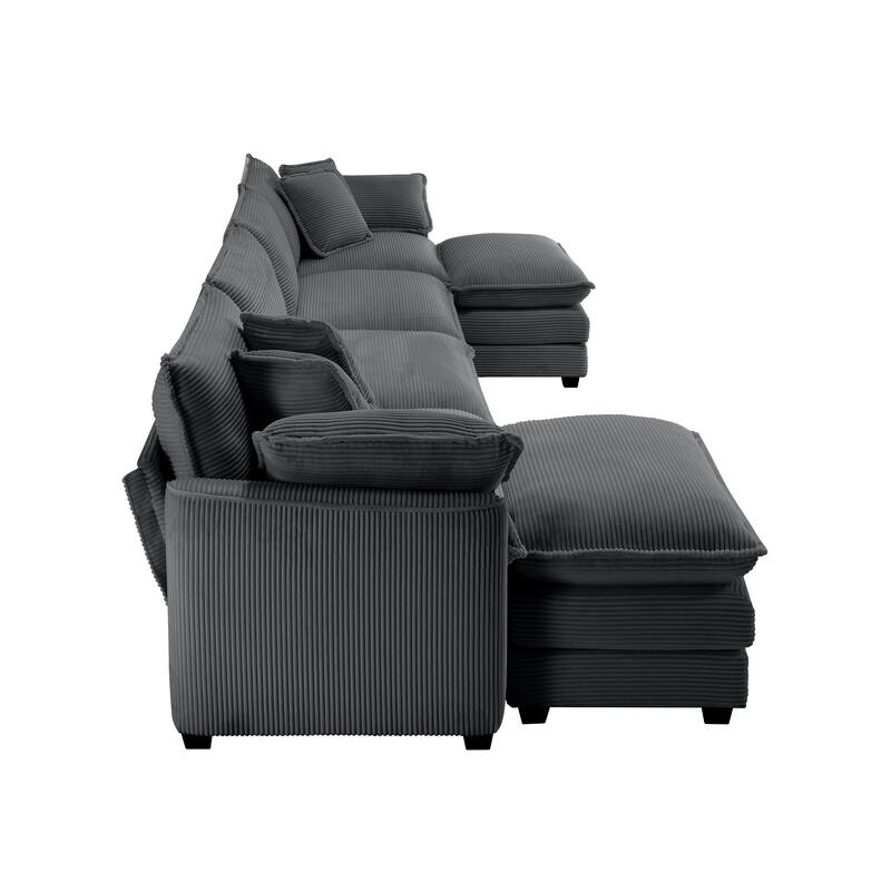 Modern Fabric 4 Seater Modular Sofa Set - Soft Upholstered U-Shape Corduroy Couch with 2 Ottomans for Living Room