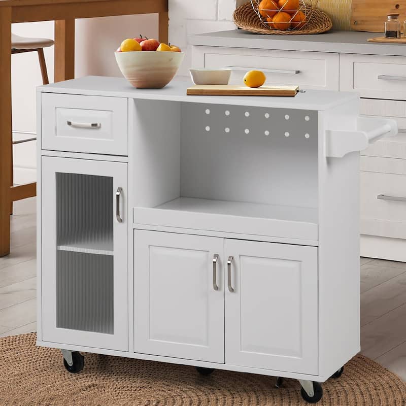 Multi-functional Kitchen Cart with Towel Rack, Large Storage Space - White