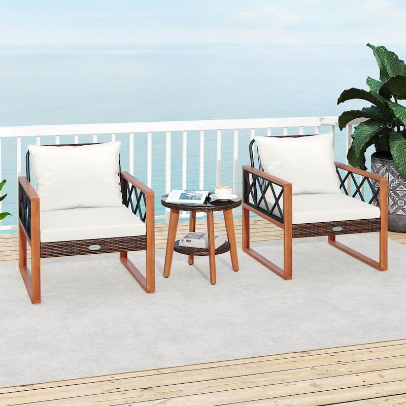 Costway 3 PCS Patio PE Wicker Furniture Set with Solid Acacia Wood - See Details