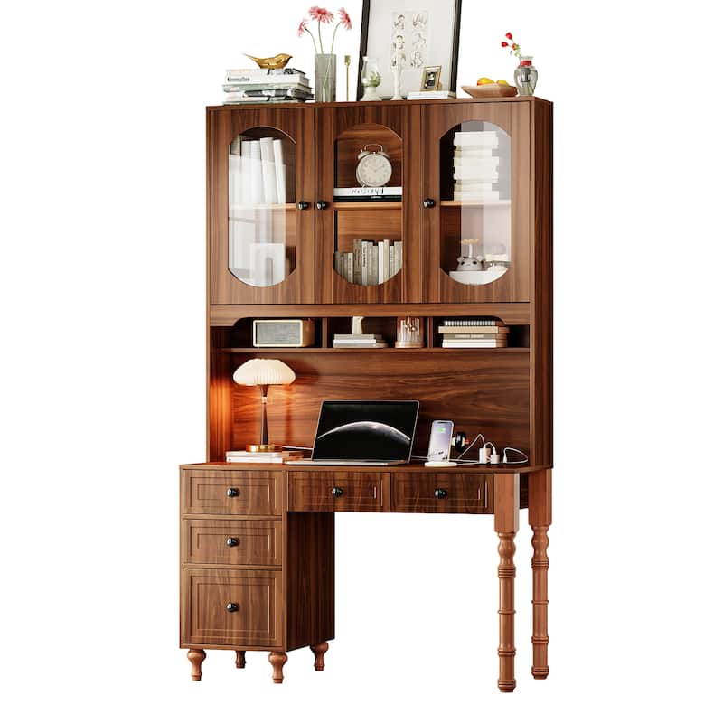 Computer Desk with Charging Ports & Hutch, Office Desk with 5 Drawers & Transparent Glass-Door, Home Executive Computer Desk