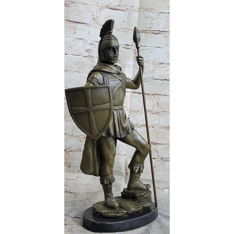 Hand Crafted Roman Warrior W/ Sword And Spear Bronze Marble Sculpture Statue