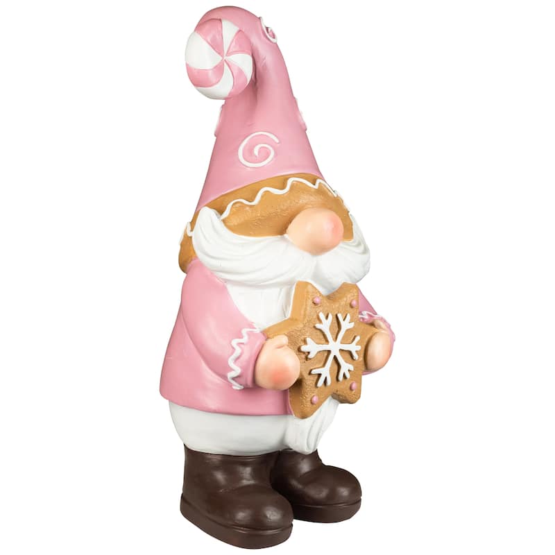Christmas Gnome Holding Gingerbread Snowflake Cookie Decoration - 11.5" - Pink