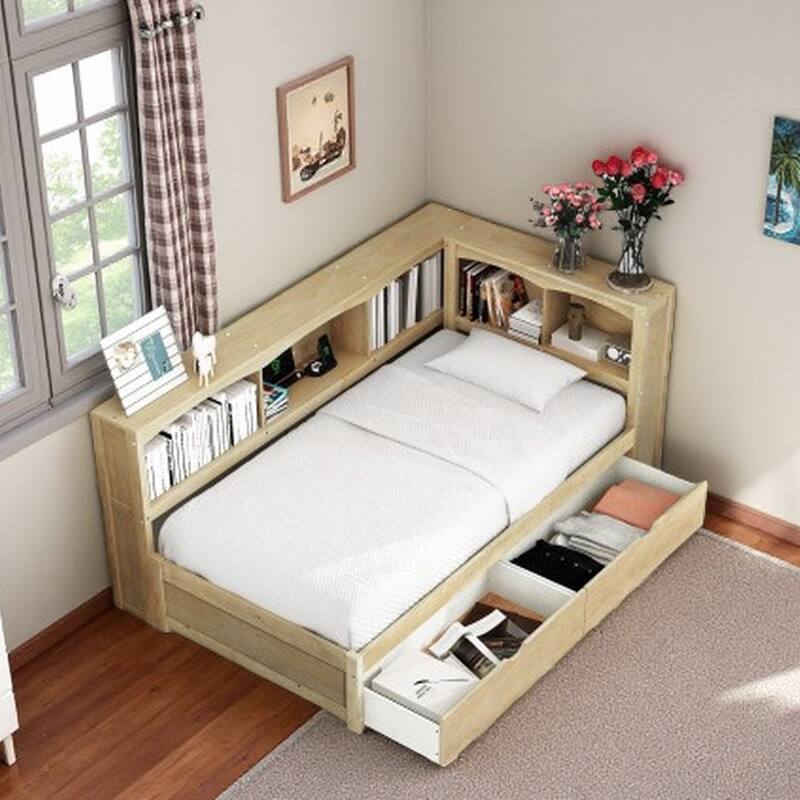 Twin Size Daybed with Built-in Charging Station, 2 Drawers & 5 Side Cabinets, Solid Wood Frame with USB & Outlet Ports - Wood