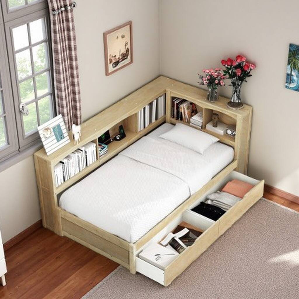 Twin Size Daybed with Built-in Charging Station, 2 Drawers & 5 Side Cabinets, Solid Wood Frame with USB & Outlet Ports