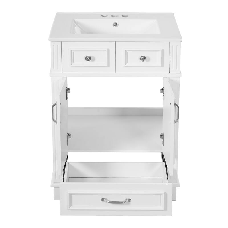 24" Bathroom Vanity with Ceramic Sink,Solid Wood Frame Bathroom Storage Cabinet with Soft Closing Doors,Retro Style